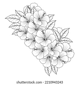 hibiscus flower coloring page illustration and line art stroke black   white hand drawn  beautiful rose sharon flower drawing sketch blossom red petal 