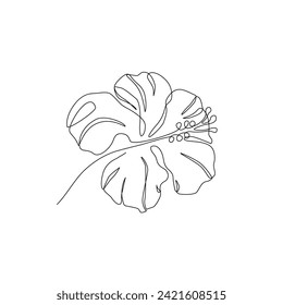 Hibiscus flower in continuous line art drawing style. Hibiscus black line sketch. Botanical floral linear design background. Hand drawn vector illustration for wedding poster, invitation card