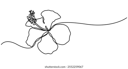 Flor de hibisco em estilo de desenho de arte de linha contínua. Esboço linear preto minimalista isolado no fundo branco. Ilustração vetorial, Desenho de linha contínua de flor Hibscus com traçado editável.