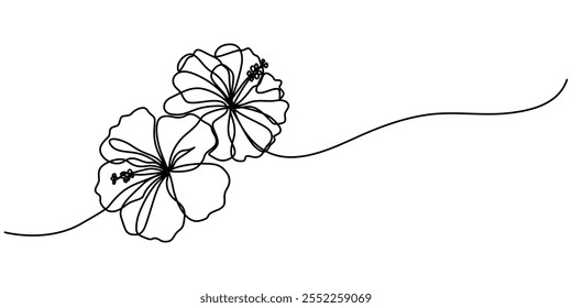 Flor de hibisco em estilo de desenho de arte de linha contínua. Esboço linear preto minimalista isolado no fundo branco. Ilustração vetorial, Desenho de linha contínua de flor Hibscus com traçado editável.