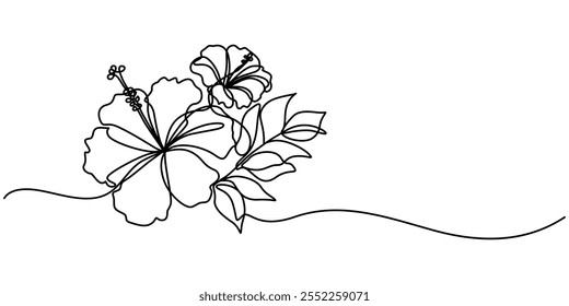 Flor de hibisco em estilo de desenho de arte de linha contínua. Esboço linear preto minimalista isolado no fundo branco. Ilustração vetorial, Desenho de linha contínua de flor Hibscus com traçado editável.