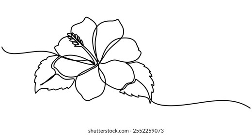 Flor de hibisco em estilo de desenho de arte de linha contínua. Esboço linear preto minimalista isolado no fundo branco. Ilustração vetorial, Desenho de linha contínua de flor Hibscus com traçado editável.