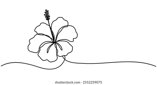 Flor de hibisco em estilo de desenho de arte de linha contínua. Esboço linear preto minimalista isolado no fundo branco. Ilustração vetorial, Desenho de linha contínua de flor Hibscus com traçado editável.