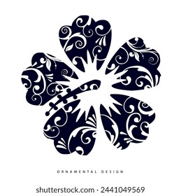 Hibiscus flower decorated with curls and floral ornaments. Isolated silhouette, vector image.