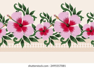 Hibiscus flower design pattern on White background vector illustration.Hibiscus floral embroidery.hand drawn seamless pattern.design for texture,fabric,clothing,decoration,fashion women,print,sarong.