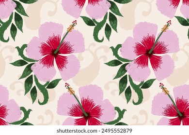 Hibiscus flower design seamless pattern on White background vector illustration.Hibiscus floral embroidery.hand drawn seamless pattern.design for texture,fabric,clothing,decoration,fashion women,print