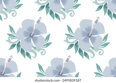 Hibiscus flower design seamless pattern on White background vector illustration.Hibiscus floral embroidery.hand drawn seamless pattern.design for texture,fabric,clothing,decoration,fashion women,print