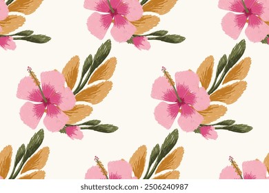 Hibiscus flower design seamless pattern on White background vector illustration.Hibiscus floral embroidery.hand drawn seamless pattern.design for texture,fabric,clothing,decoration,fashion women,print