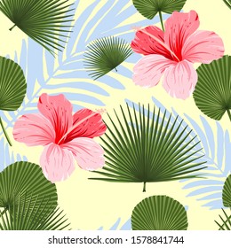 hibiscus flower and fan leaves seamless pattern for wallpaper, decoration, print with editable eps file