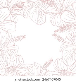 Hibiscus flower frame boarder for design of card, wedding invite, scrapbook. Line art pink ink hand drawn tropical floral background