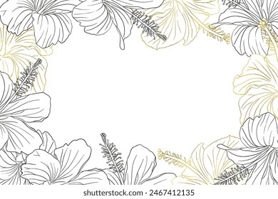 Hibiscus flower frame boarder for design of card, wedding invite, scrapbook. Line art black ink and golden hand drawn tropical floral background