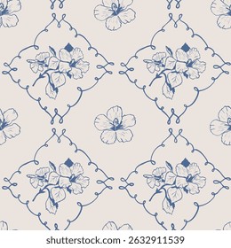 Hibiscus flower hand drawn seamless pattern. Floral doodle. Hawaiian drawing. Line art nature illustration. Geometric checkered background.
