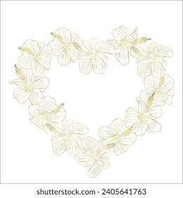 Hibiscus flower hearts wreath. Can be used for wedding invitations, greeting cards, scrapbook, print, gift wrap. Hand drawn line art golden foil and silhouette vector illustration.