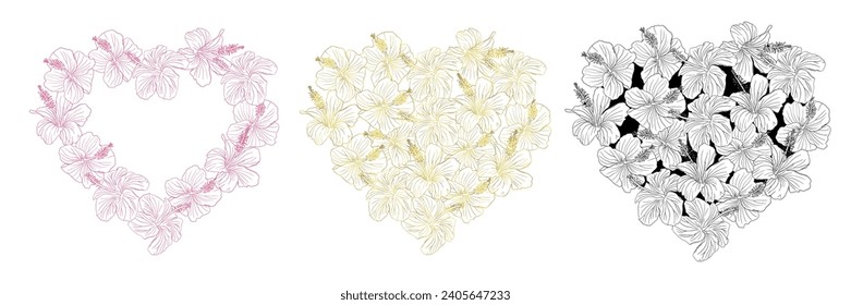 Hibiscus flower hearts wreath set. Can be used for wedding invitations, greeting cards, scrapbook, print, gift wrap. Hand drawn line art golden foil and silhouette vector illustration.