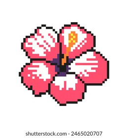 Hibiscus flower icon for summer holidays in pixel art style. Inspired by games from the 80s, 90s. Design for mobile games, postcards, stickers. Vector illustration.