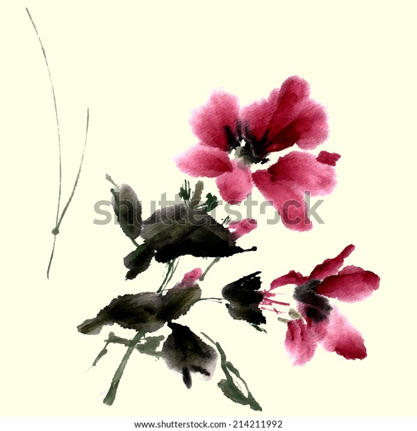 Hibiscus Flower Ink Painting Watercolor Vector Stock Vector (Royalty ...