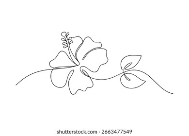 Flor de hibisco con hojas de línea continua de dibujo
