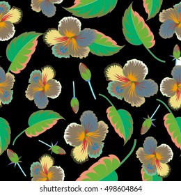 Hibiscus flower and leaves pattern on a black background in a trendy multicolored style. Vector hawaiian tropical natural floral seamless pattern.