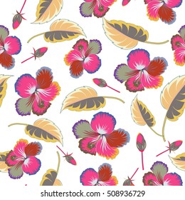 Hibiscus flower and leaves pattern on a white background in a trendy multicolored style. Vector hawaiian tropical natural floral.