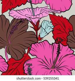 Hibiscus flower and leaves pattern on a gray background in a trendy multicolored style. Vector hawaiian tropical natural floral seamless pattern.