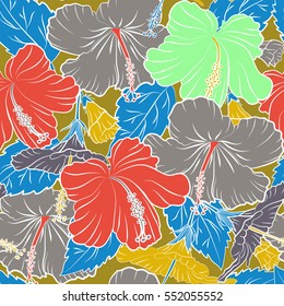 Hibiscus flower and leaves pattern on a green background in a trendy multicolored style. Vector hawaiian tropical natural floral seamless pattern.