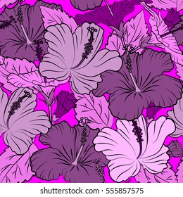 Hibiscus flower and leaves pattern on a magenta background in a trendy multicolored style. Vector hawaiian tropical natural floral seamless pattern.