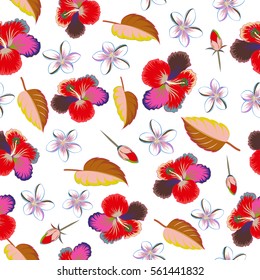 Hibiscus flower and leaves pattern on a white background in a trendy multicolored style. Vector hawaiian tropical natural floral seamless pattern.