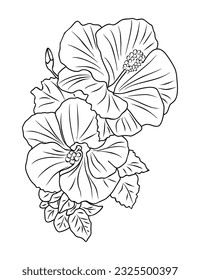 Hibiscus Blumenzeilenkunst Vektorgrafik botanische Illustration. Tropische Blüten mit Blättern handgezeichnet schwarze Tintenskizze. Modernes Design für Logo, Tattoo, Wandkunst, Einladungen, Karten, Branding und Verpackung.