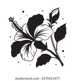 Hibiscus Flower Linear Black and White Icon, Tattoo. Hibiscus Flowers background.