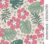 Hibiscus flower monstera leaf vector seamless pattern. Hawaii vacation background. Retro Aloha surface design for textile, scrap book 