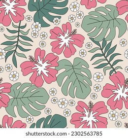 Hibiscus flower monstera leaf vector seamless pattern. Hawaii vacation background. Retro Aloha surface design for textile, scrap book 