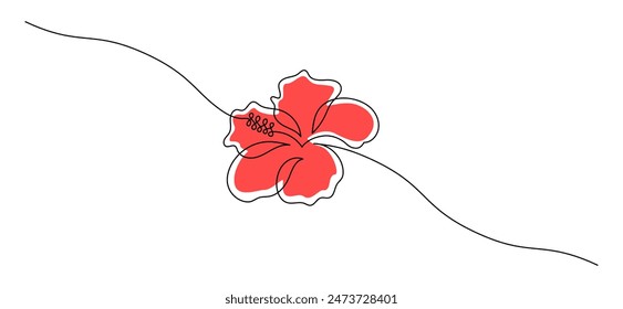 Hibiscus flower in one continuous line drawing. Floral abstract symbol in simple linear style. Organic red herbal tea concept in editable stroke. Doodle outline vector illustration