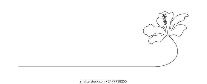 Hibiscus flower in one continuous line drawing. Floral abstract banner in simple linear style. Organic red herbal tea concept in editable stroke. Doodle outline vector illustration