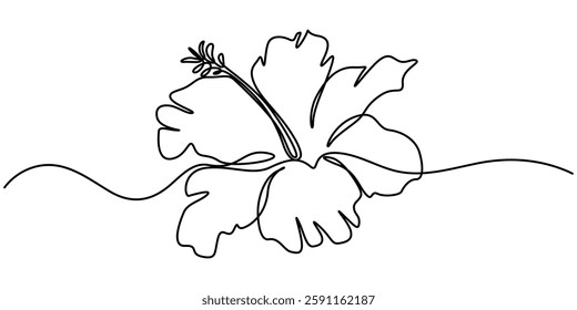 Hibiscus flower in one continuous line drawing vector illustration, Hibscus Flower Continuous Line Drawing with Editable Stroke, Continuous One Line Hibiscus Flower | Minimalist Floral Vector.