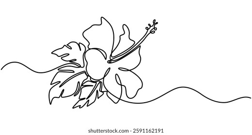 Hibiscus flower in one continuous line drawing vector illustration, Hibscus Flower Continuous Line Drawing with Editable Stroke, Continuous One Line Hibiscus Flower | Minimalist Floral Vector.