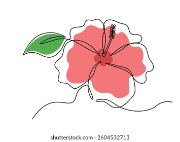 Hibiscus flower in one continuous line art drawing style. Minimalist black line sketch isolated on white background. Vector illustration
