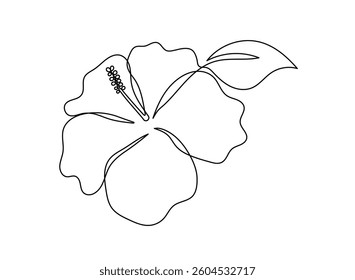 Hibiscus flower in one continuous line art drawing style. Minimalist black line sketch isolated on white background. Vector illustration