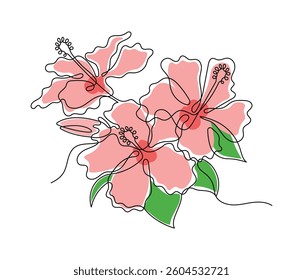 Hibiscus flower in one continuous line art drawing style. Minimalist black line sketch isolated on white background. Vector illustration