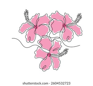 Hibiscus flower in one continuous line art drawing style. Minimalist black line sketch isolated on white background. Vector illustration