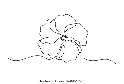 Hibiscus flower in one continuous line art drawing style. Minimalist black line sketch isolated on white background. Vector illustration