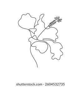 Hibiscus flower in one continuous line art drawing style. Minimalist black line sketch isolated on white background. Vector illustration