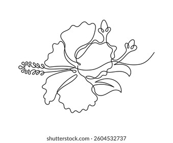 Hibiscus flower in one continuous line art drawing style. Minimalist black line sketch isolated on white background. Vector illustration
