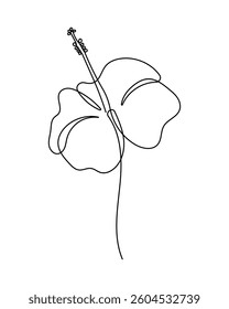 Hibiscus flower in one continuous line art drawing style. Minimalist black line sketch isolated on white background. Vector illustration