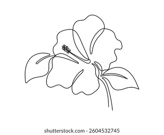 Hibiscus flower in one continuous line art drawing style. Minimalist black line sketch isolated on white background. Vector illustration