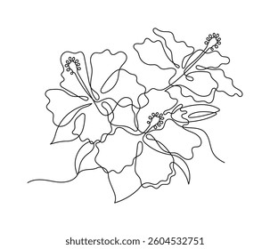 Hibiscus flower in one continuous line art drawing style. Minimalist black line sketch isolated on white background. Vector illustration