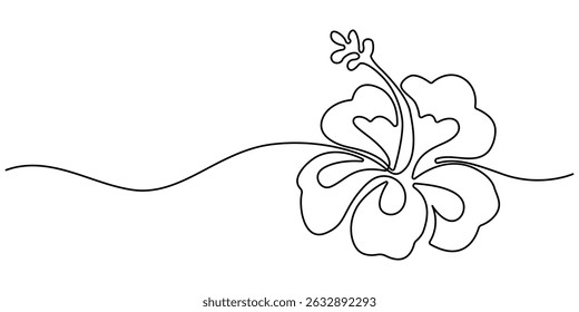 Hibiscus flower in one continuous line art drawing style. Floral abstract symbol in simple linear style. Minimalist black line sketch isolated on white background. Vector illustration.
