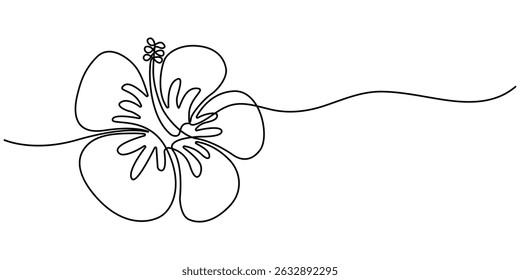 Hibiscus flower in one continuous line art drawing style. Floral abstract symbol in simple linear style. Minimalist black line sketch isolated on white background. Vector illustration.