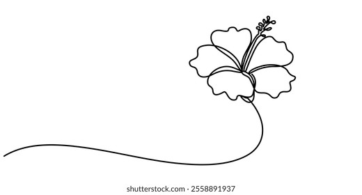 Hibiscus flower in one line art drawing style. Black line sketch on white background. Vector illustration, Hibiscus flower in one continuous line drawing. Floral abstract symbol in simple linear style