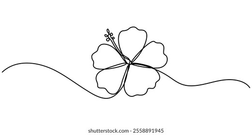 Hibiscus flower in one line art drawing style. Black line sketch on white background. Vector illustration, Hibiscus flower in one continuous line drawing. Floral abstract symbol in simple linear style