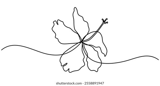 Hibiscus flower in one line art drawing style. Black line sketch on white background. Vector illustration, Hibiscus flower in one continuous line drawing. Floral abstract symbol in simple linear style